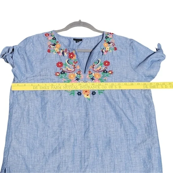 TALBOTS S/S Linen Blend Floral Embroidered Tie Sleeve Chambray Blouse SZ… - Picture 6 of 7